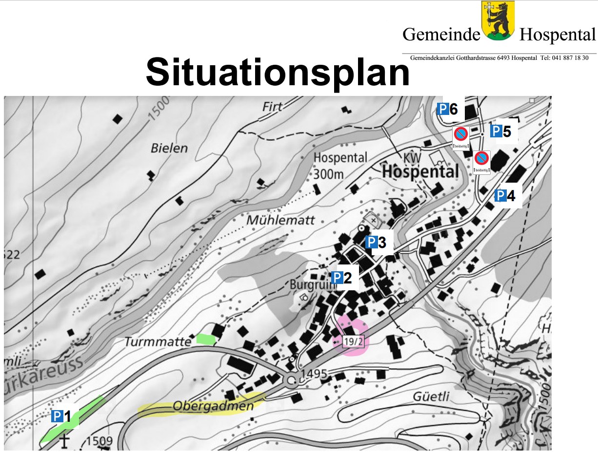Situationsplan der Gemeinde Hospental mit den Parkplätzen P1 bis P6